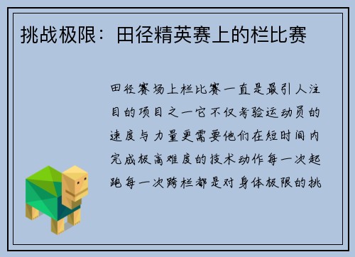 挑战极限：田径精英赛上的栏比赛