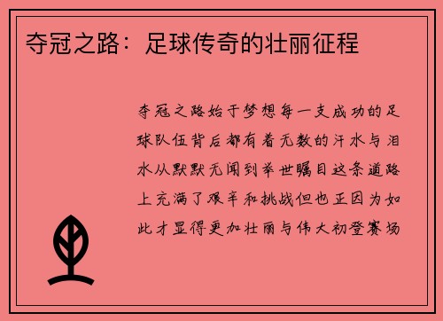 夺冠之路：足球传奇的壮丽征程